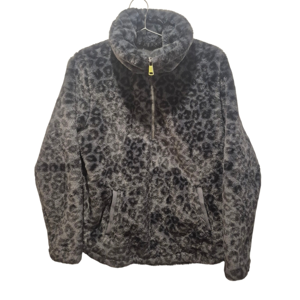 Abercrombie & Fitch Gray Black Leopard Print Fuzzy Zip Jacket